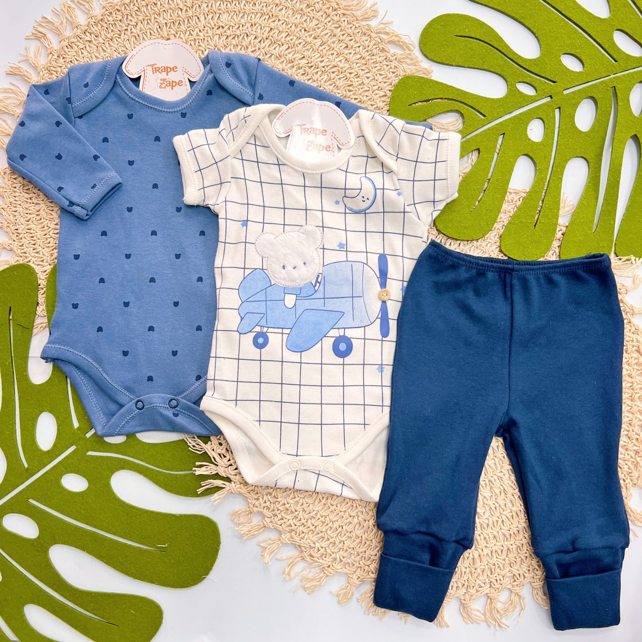 CONJ. DE MALHA 3 PEÇAS - Ursinho Aviador - Off White e Azul Jeans